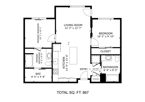 Floor plan for 2 beds, 2 baths, 867 sqft